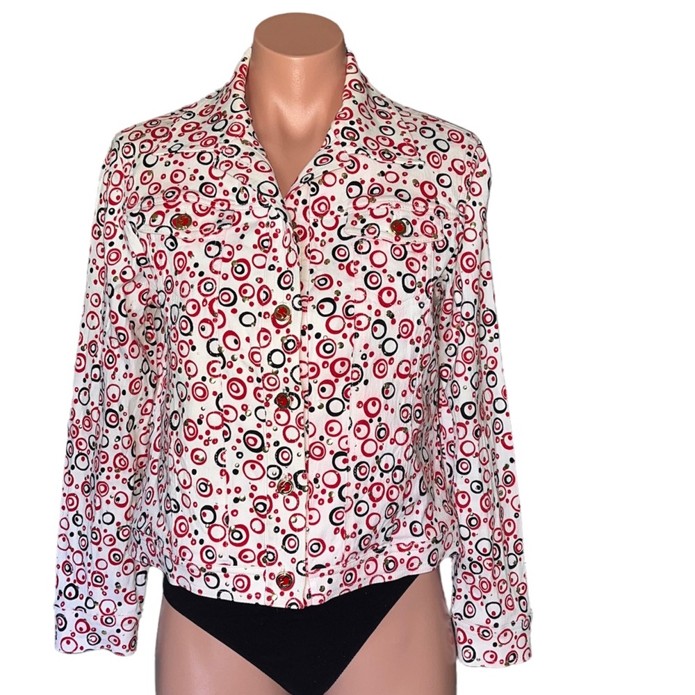 St John white denim jacket red black Bubbles Circles  Size SP